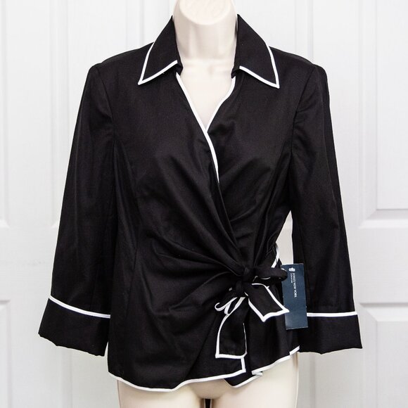 NWT 100% Cotton Black Wrap Blouse with White Trim - Picture 1 of 11